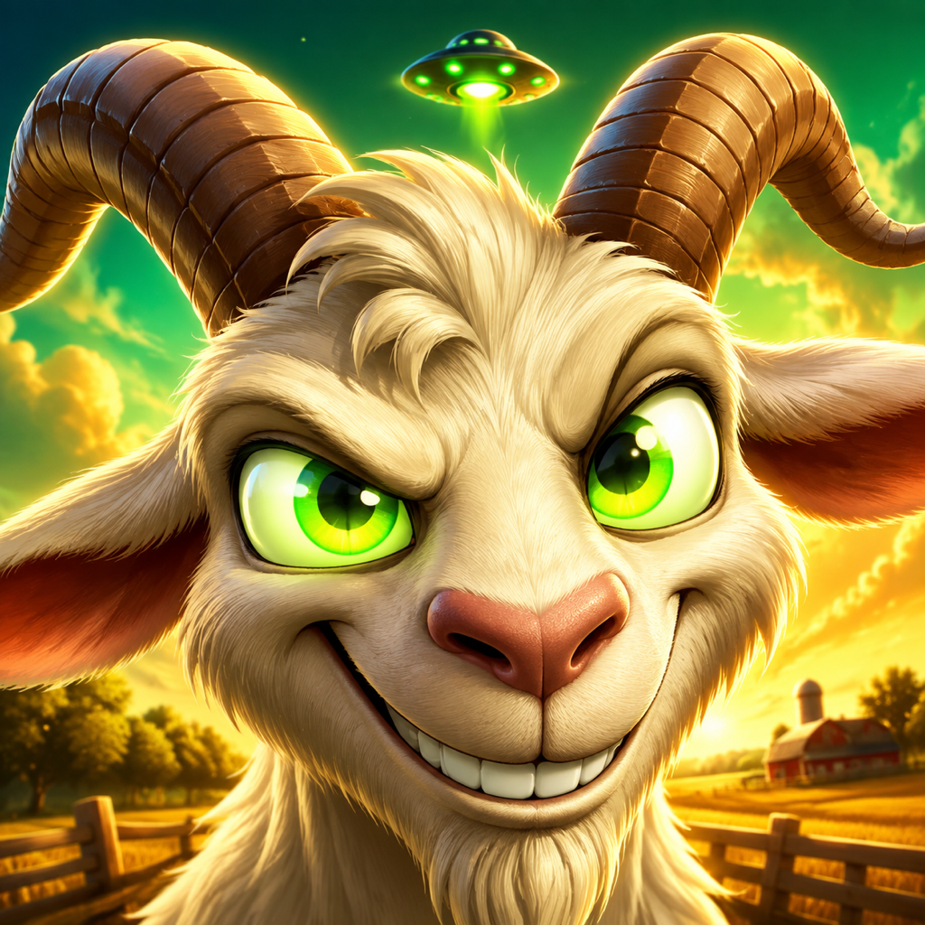 A mischievous alien goat with glowing green eyes